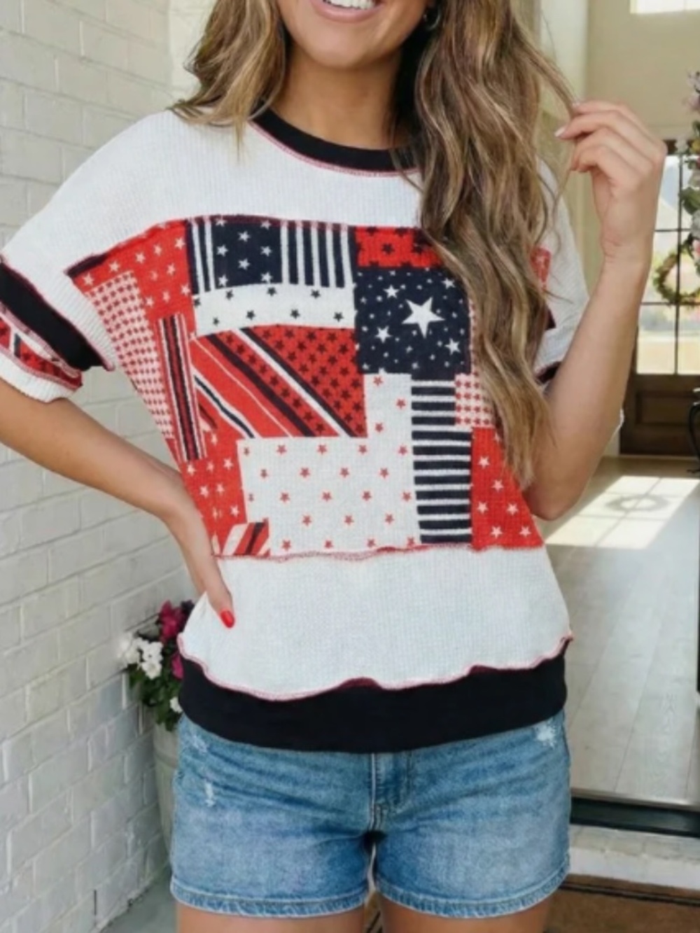 Patchwork Flag Short Sleeve Knit Top - Red, Navy & White